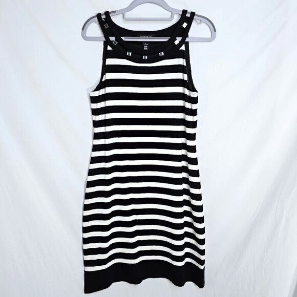 WHITE HOUSE BLACK MARKET Dress BLACK WHITE STRIPE Silver Gems size S 4-6 Summer - Picture 2 of 6